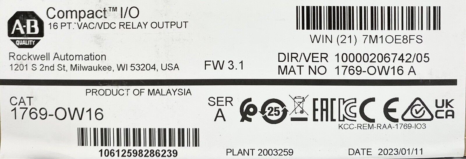 Allen Bradley 1769-OW16 / A Compact I/O Relay Output. Factory Sealed