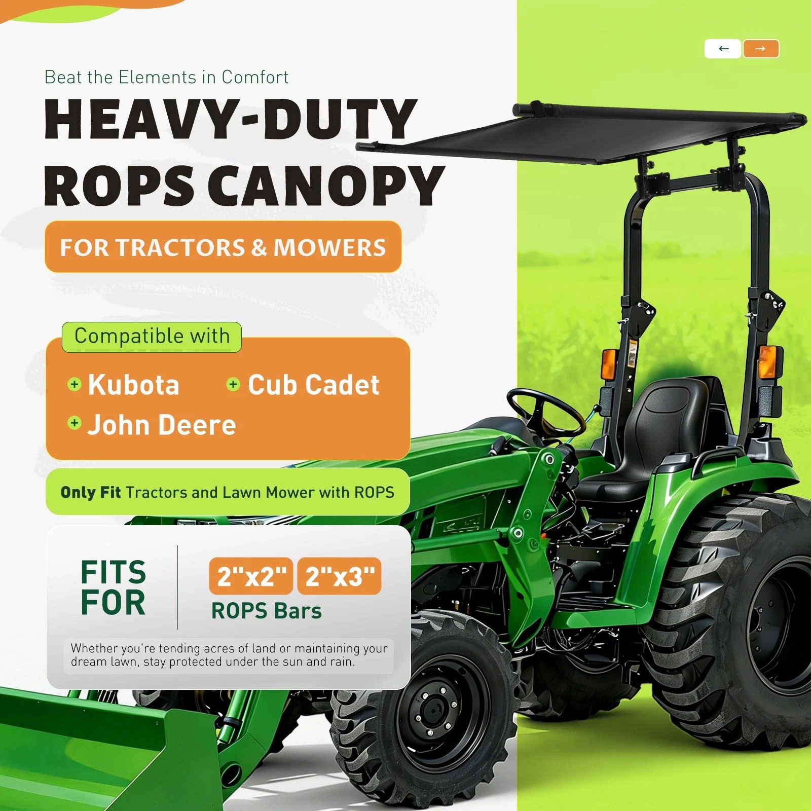 Tractor Canopy Sun Shade Roof Top for Lawn Mower W/2″x2″/2″x3″ ROPS UV Protect