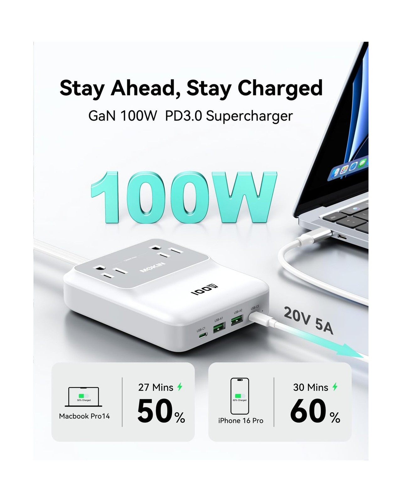 Charging Station,100W GaN USB-C Power Strip with Surge Protecto… FAST USA SHIP