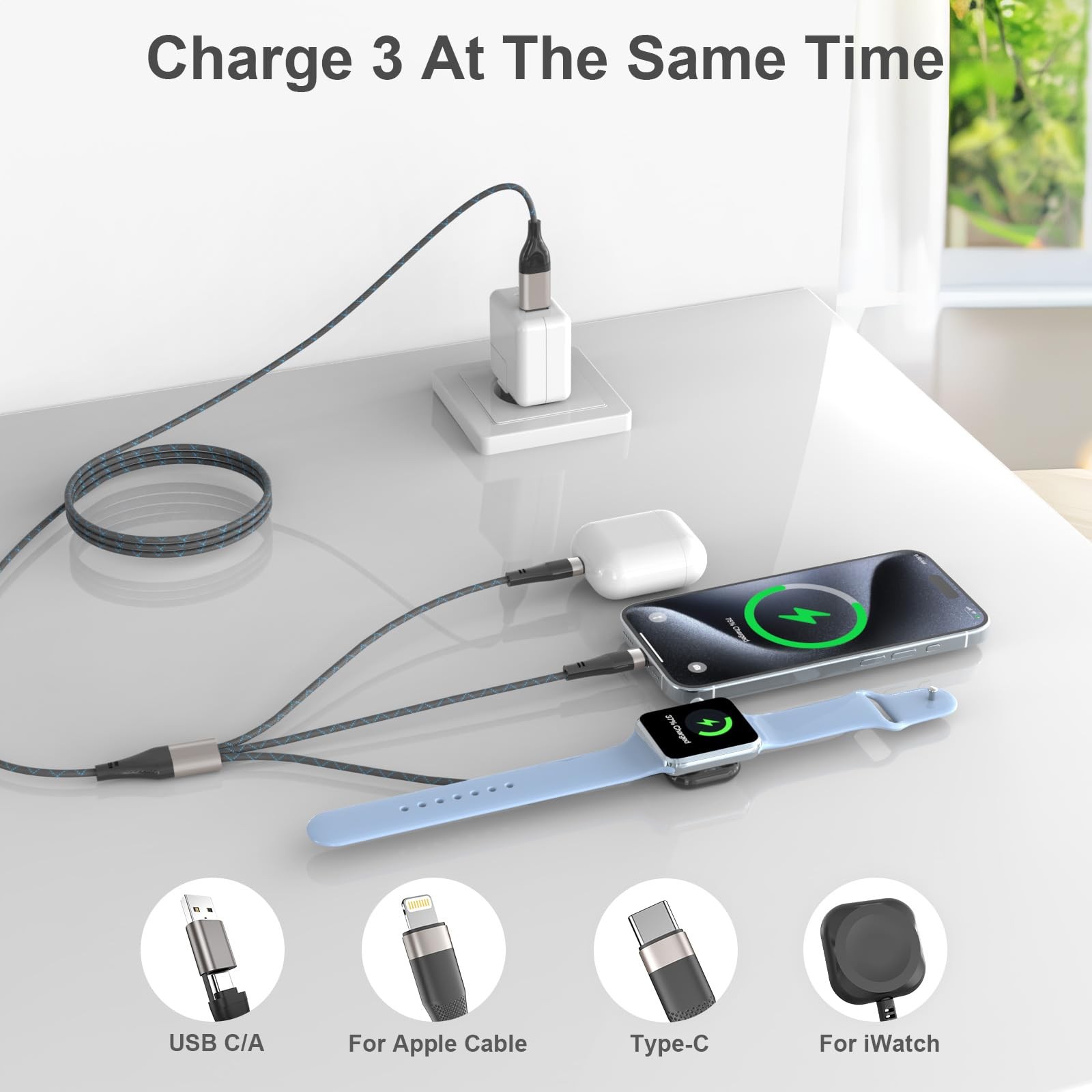 3 in 2 Multi Charging Cable for Apple Watch, iPhone & Galaxy USB C/Lightning…