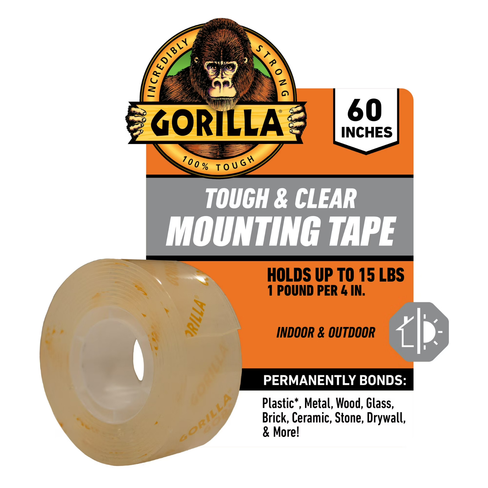 Gorilla Tough & Clear; Double Sided Mounting Tape; Weatherproof; 1″ x 60″; Clear