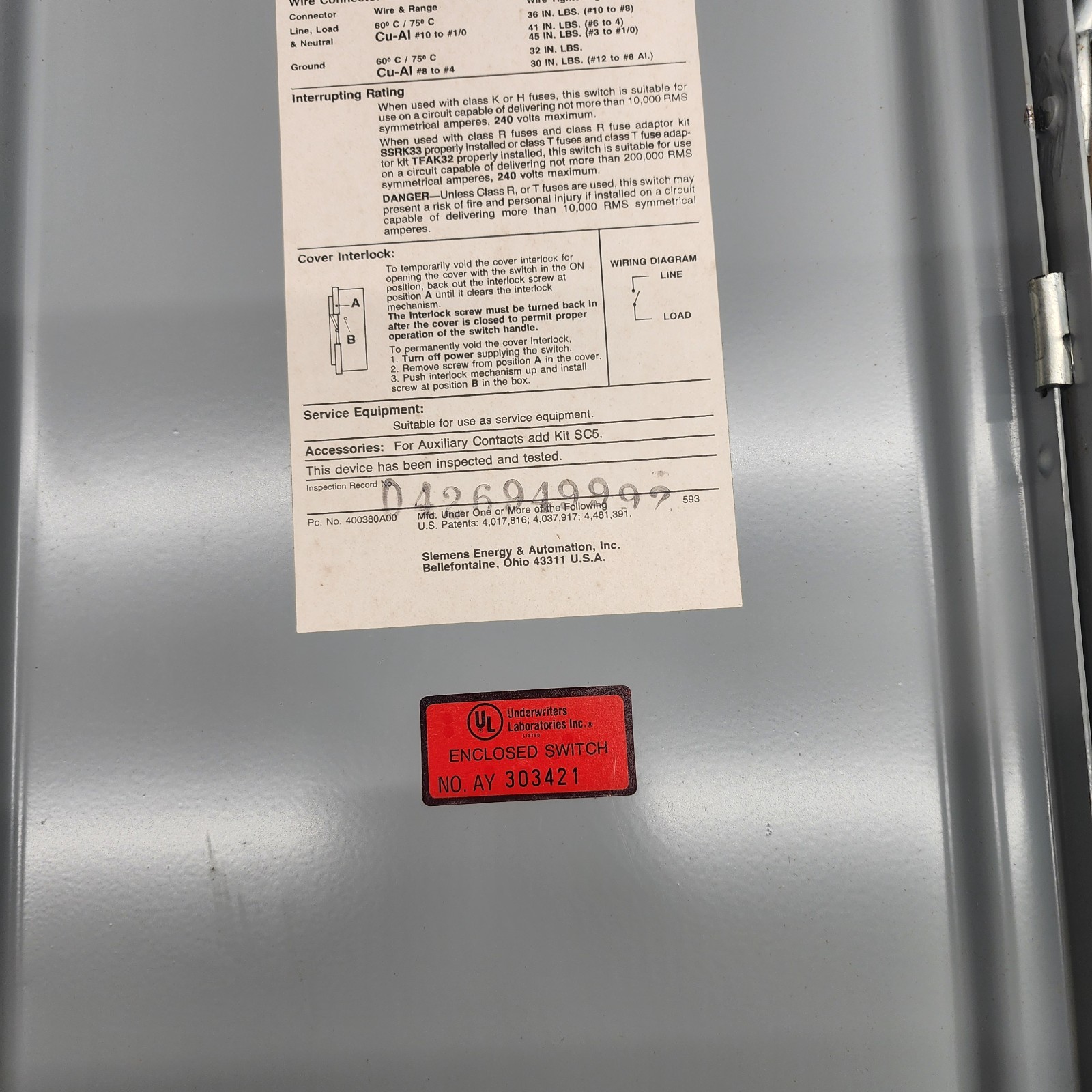 Siemens SN423 100A 240V Fusible Safety Switch Disconnect [H3S2] C#4