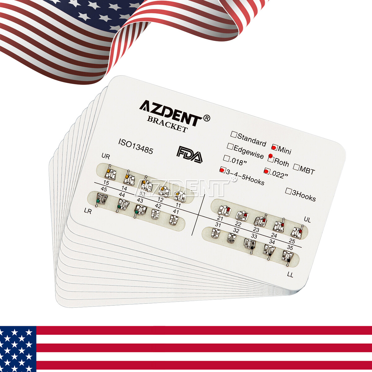 AZDENT Dental Orthodontic Brackets Braces Metal Mini Roth/MBT .022 Hooks 345