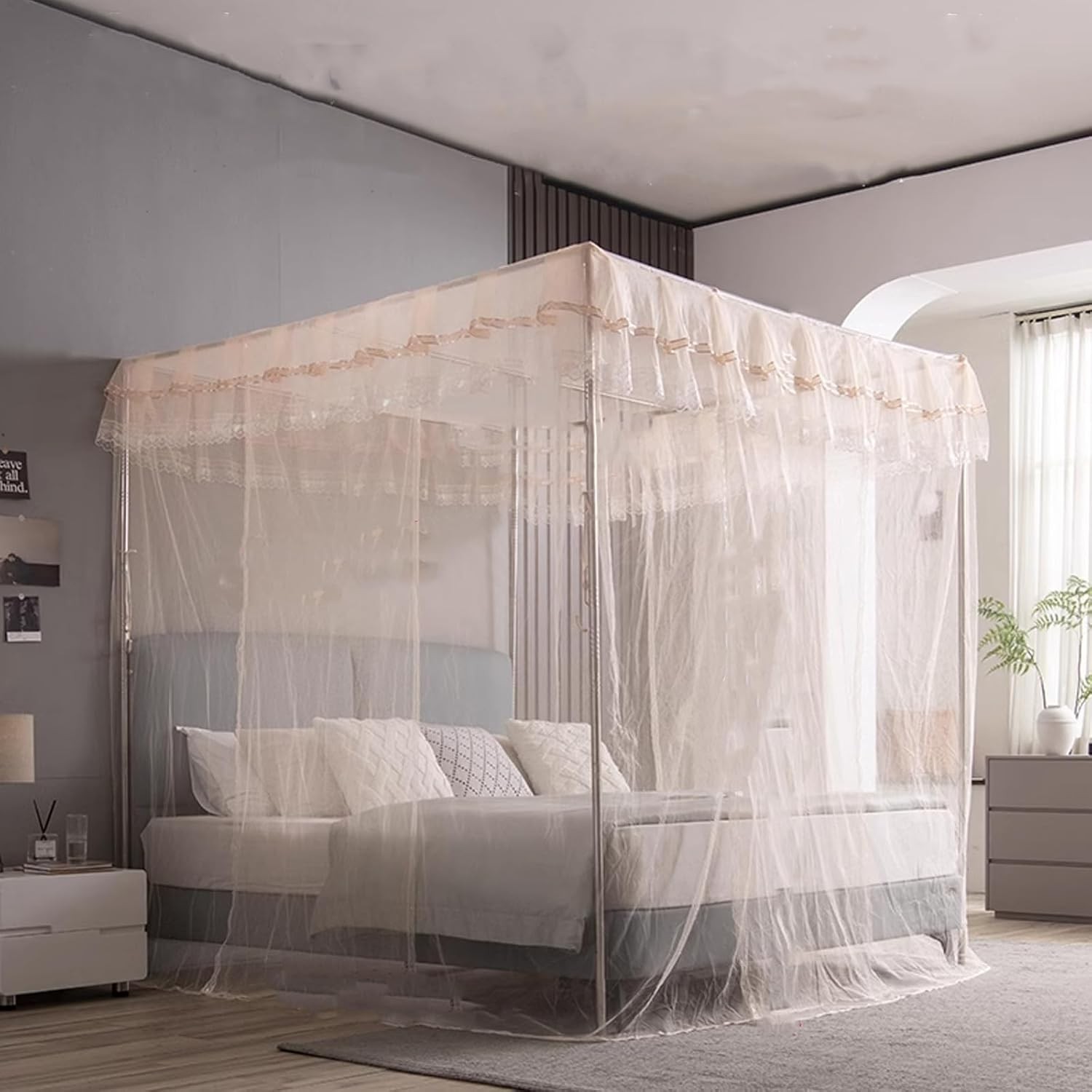 Canopy Bed Frame Full, Stainless Steel Four Corner Bed Canopy Poles Mosquito Net