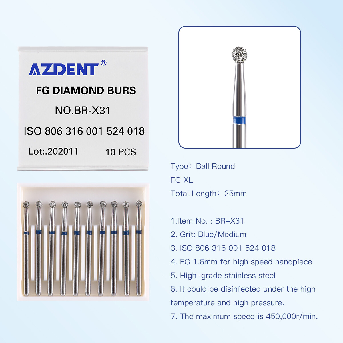 10Pcs AZDENT Dental Diamond Burs Ball Round For High Speed Handpiece FG 1.6mm