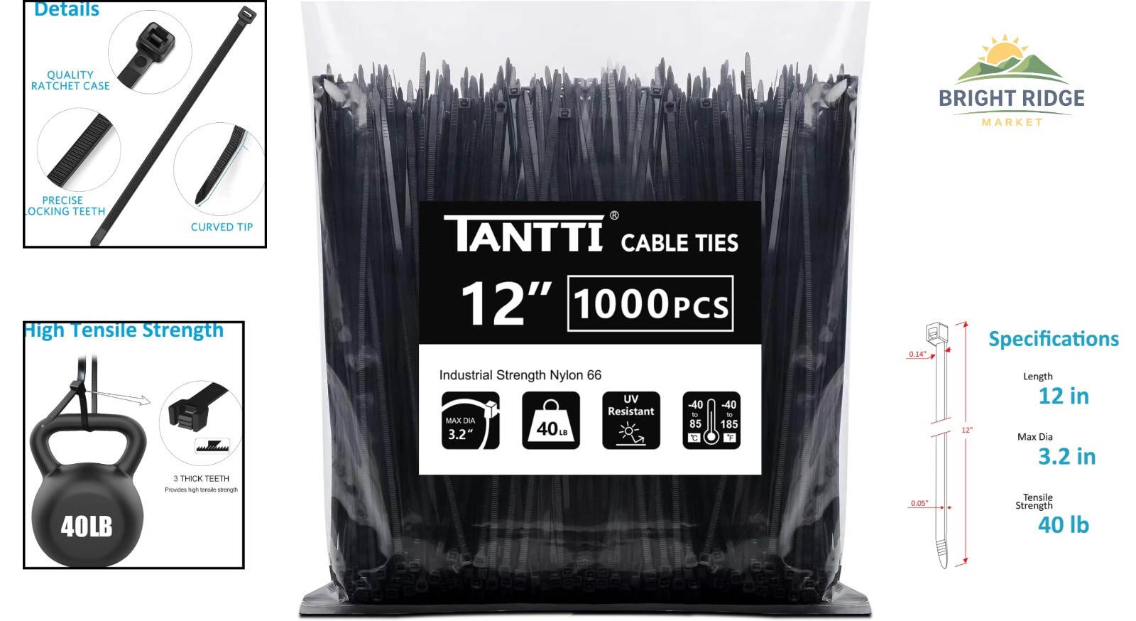 Reusable 12 Inch Zip Ties, 1000 Count, Weatherproof for Indoor and Outdoor Use