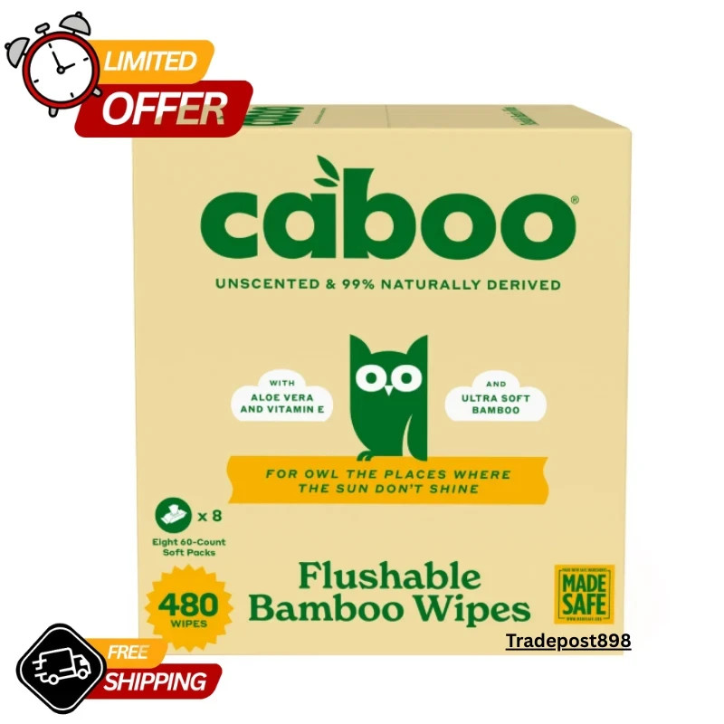 Caboo Unscented Flushable Bamboo Wipes, Hypoallergenic, 8 Packs, 480 Wipes NEW