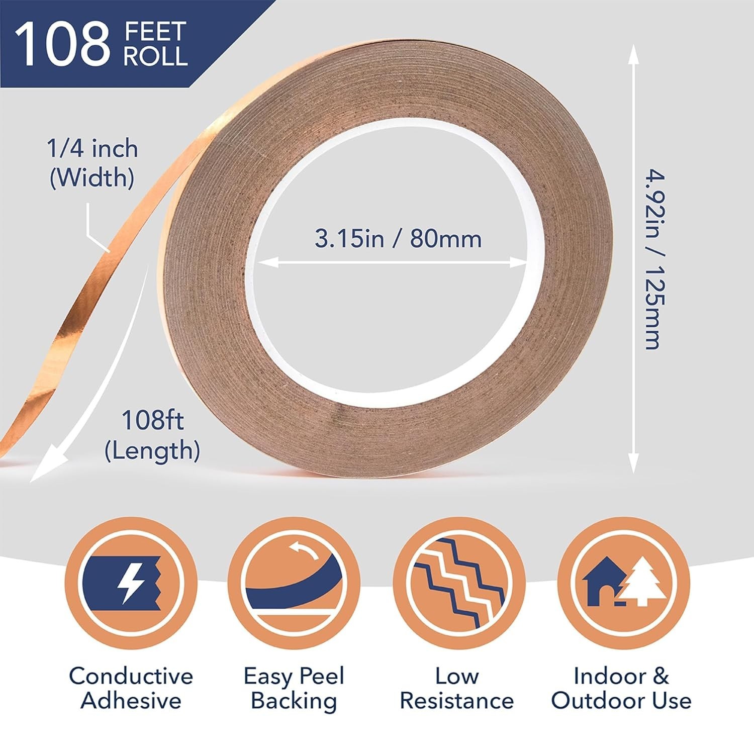 Professional 1/4″ x 108ft Copper Tape for Crafts, EMI Shielding & Slug Control