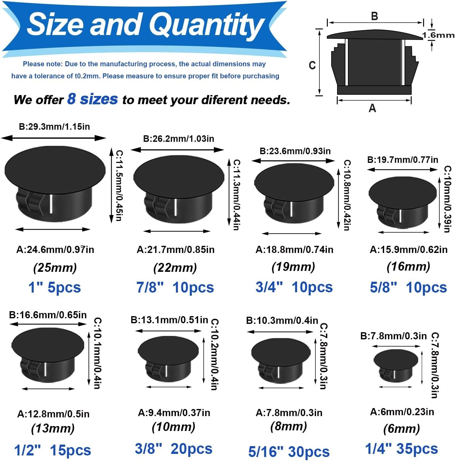 Essential 135Pcs Plastic Hole Plugs – Black, 8 Sizes for Home & Industrial Use