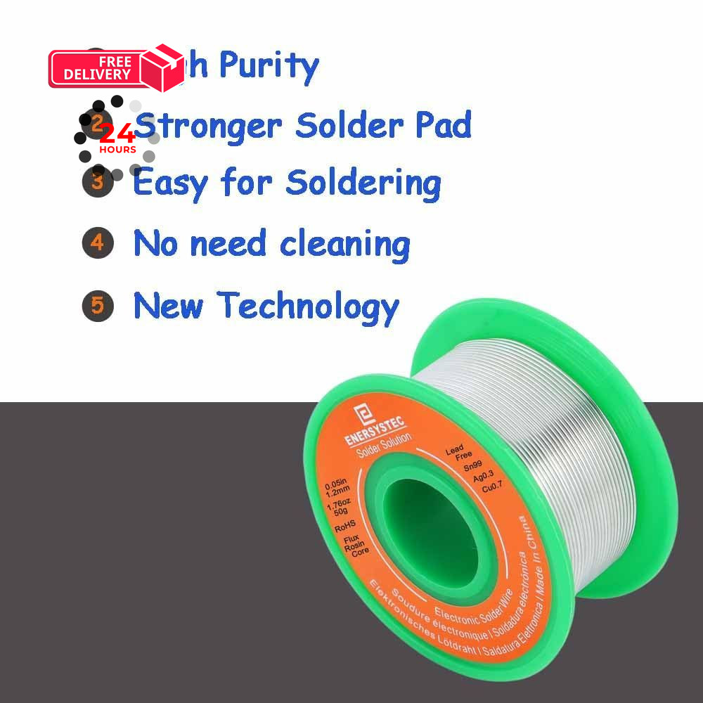 E ENERSYSTEC Lead Free Electronics Soldering Wire 1.2mm 50g, Rosin Silver