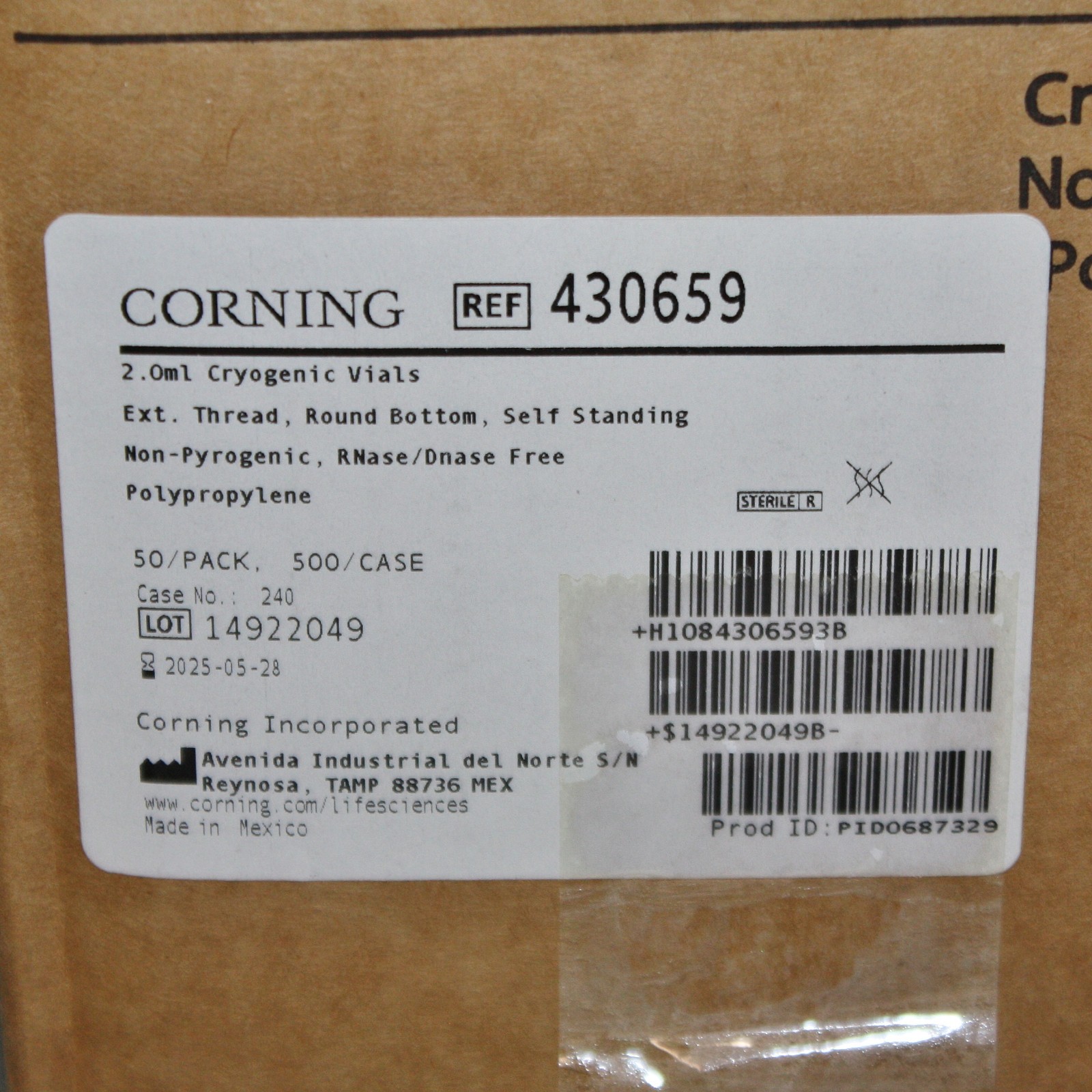 EXPIRED 5/2025 -(500) Corning 2mL Cryogenic Vials 430659, Round 12mm OD Cryo