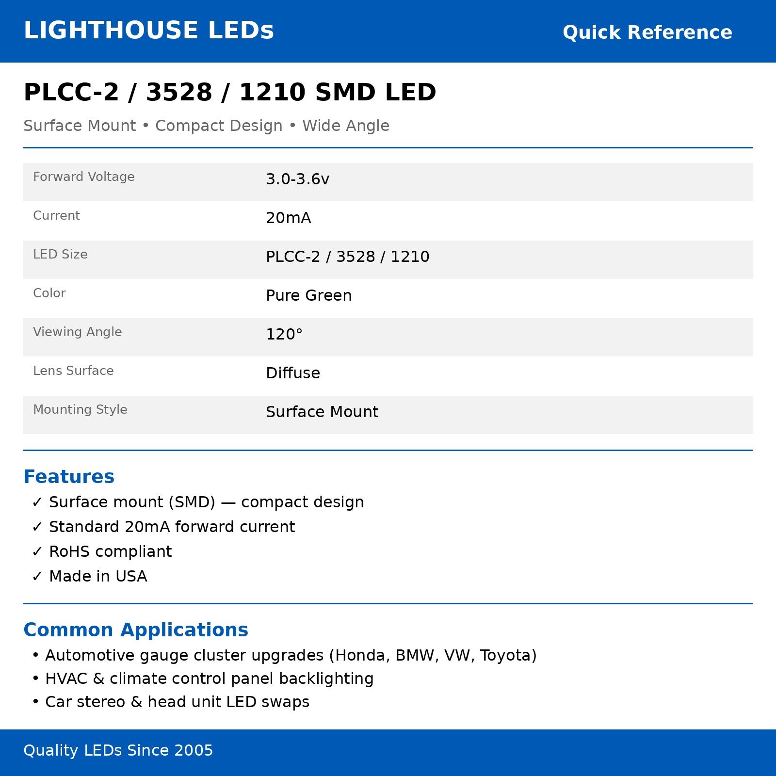 100 x LED PLCC2 1210 3528 Pure Green SMD LEDs Light Super Ultra Bright PLCC-2