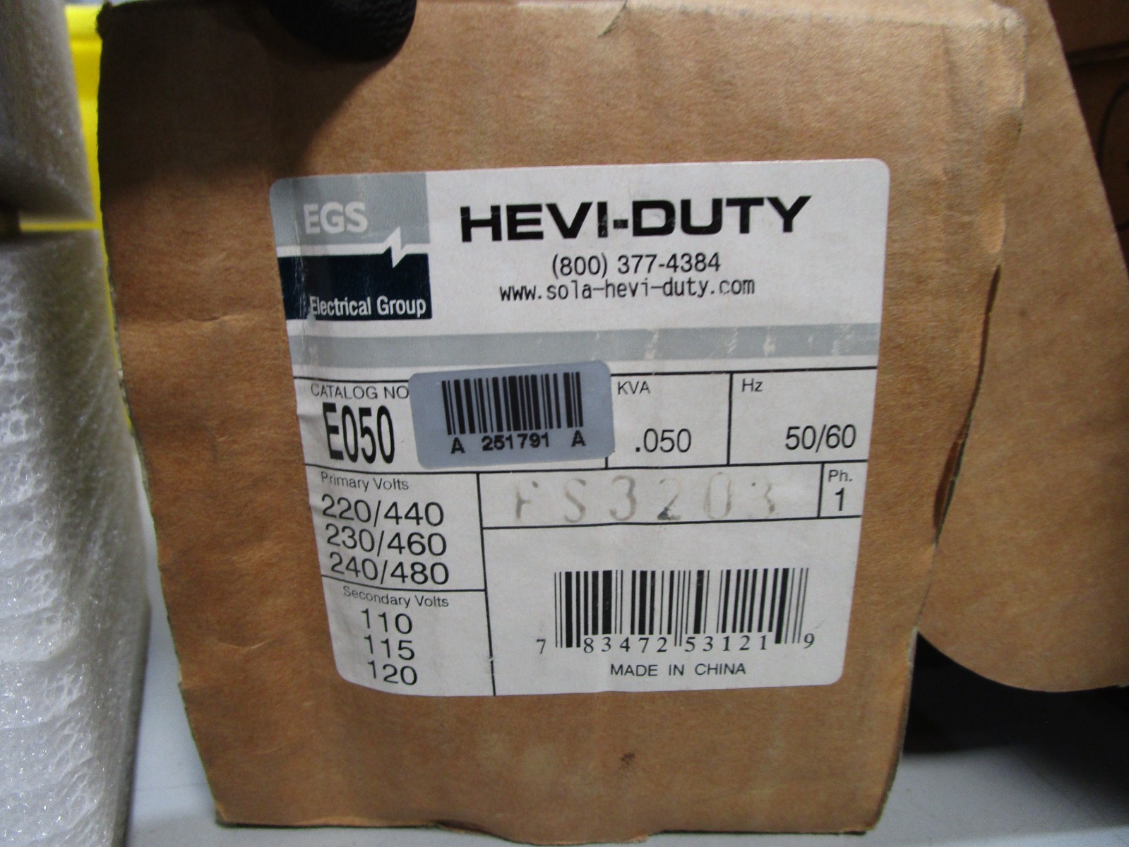 EGS Hevi-Duty E050 Class 105 Industrial control transformer