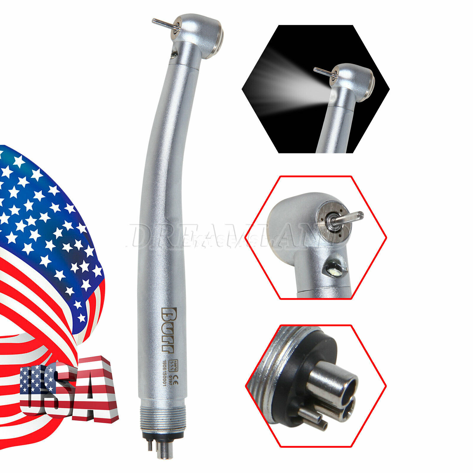 5 Packs Dental Fiber Optic High Speed Turbine LED Handpiece E-generator 4 Holes