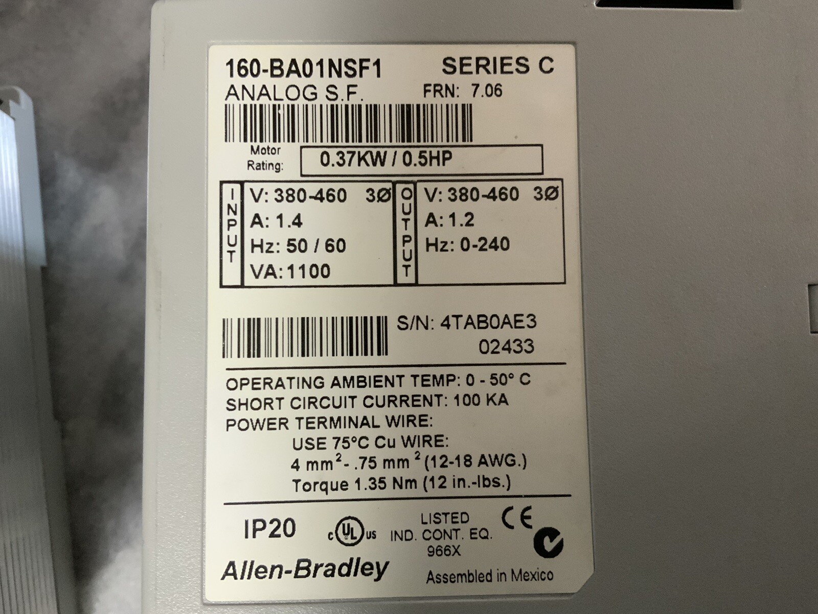 Allen Bradley Device Net CAT 160-BAO1NSF1 TESTED RETURNS ACCEPTED .5 HP