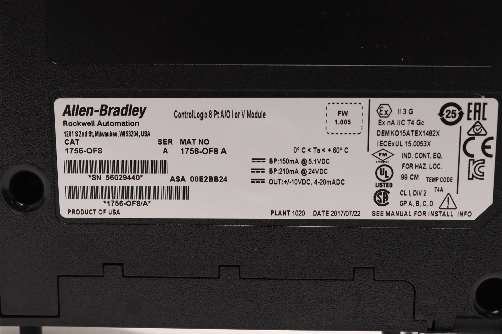 ALLEN BRADLEY CONTROLLOGIX ANALOG OUTPUT MODULE SER.A 1756-OF8
