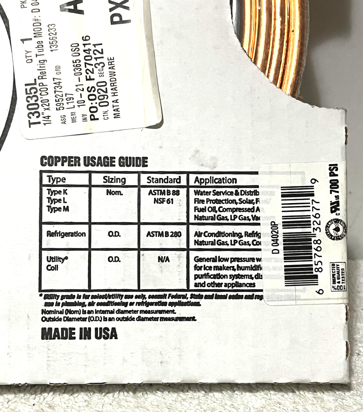 Mueller Streamline Copper Coil 1/4” OD x 20 Ft NEW Sealed Made USA