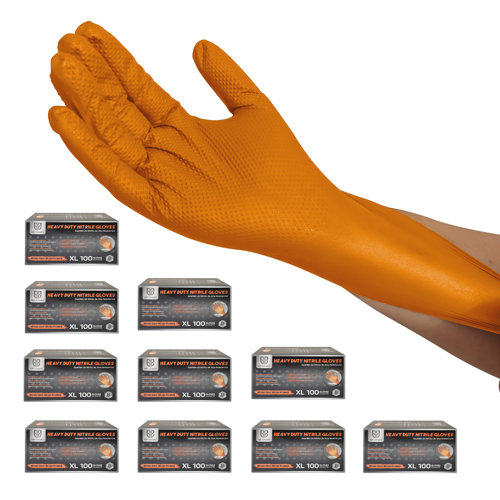 GP Craft Orange Large Nitrile Gloves Diamond 8Mil Disposable Latex Free 1000/Cas