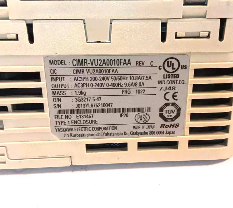 3 HP AC Drive Yaskawa V1000 CIMR-VU2A0010FAA REV. C, 200-240V 1-Phase Input
