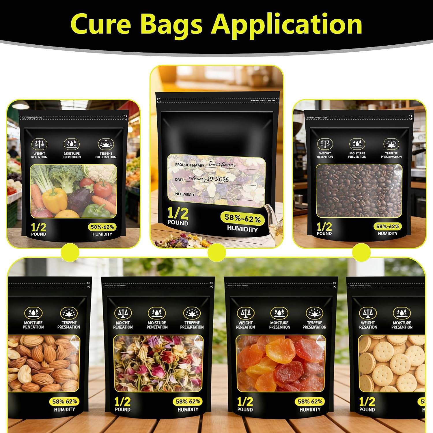 12 Pack 8 Ounce Terpene Curing and Storage Bags (1/2 Pound) | 13.8″X 10.4″X 3.75