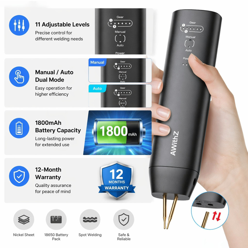 AWithZ Handheld Spot Welder 11/90 Gears Auto/Manual for 18650 Battery DIY Tool
