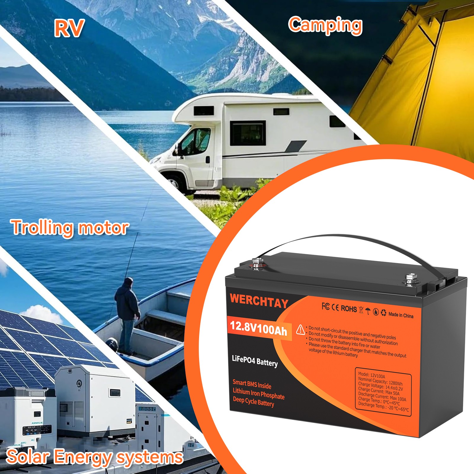 12V 100Ah LiFePO4 Battery Lithium 15000+ Cycles BMS for RV Solar Marine Off Grid
