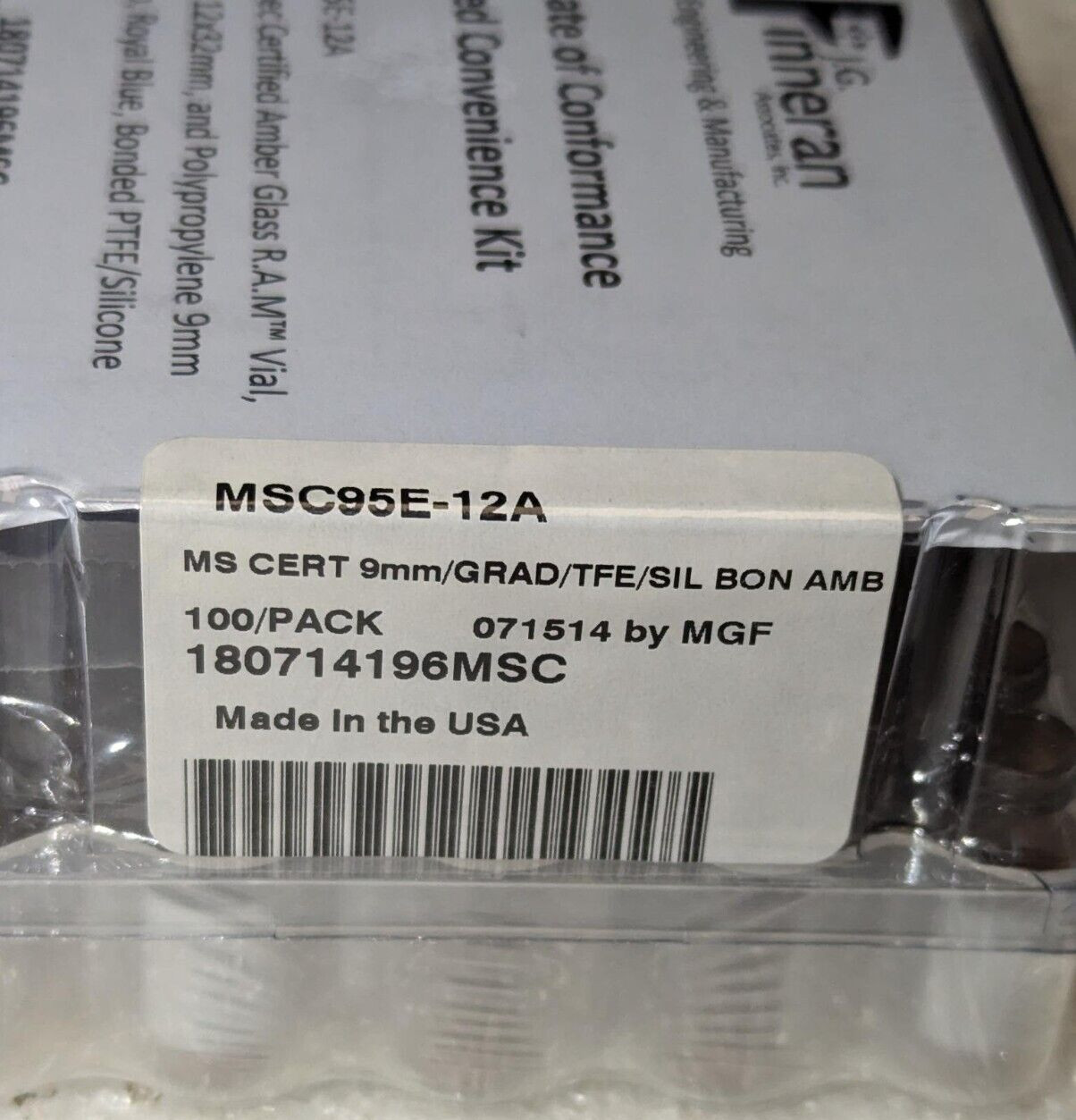 Finneran MSC95E-12A Amber glass Vial 1-80714196MSC MS cert 9mm 100/pack