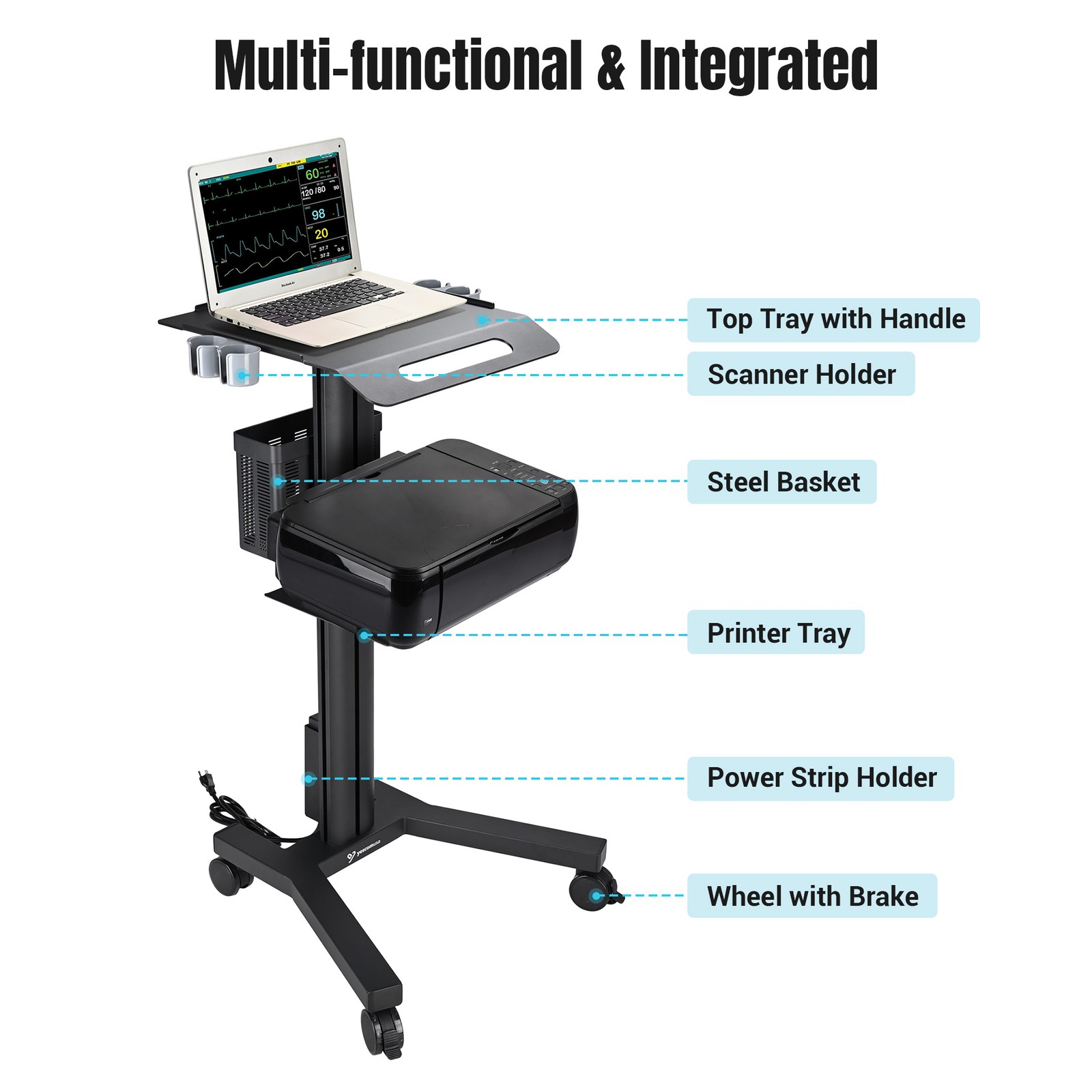 YesSources Medical Mobile Laptop Cart Rolling PC Stand Printer Shelf Dental Lab