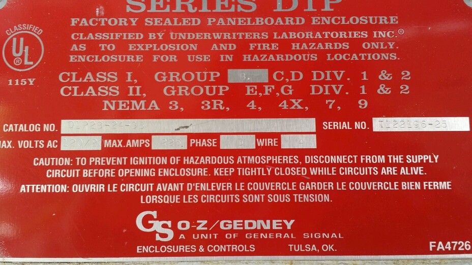 0-Z Gedney Ser D1P Panelboard Explosion & Fire Proof 225 amp 3 Ph D1P28-24-GB