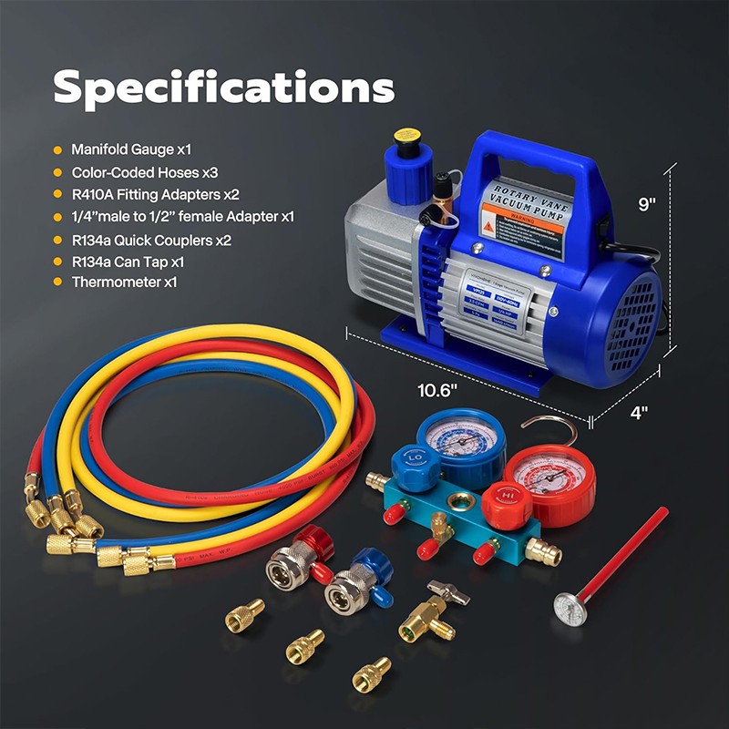 Air Vacuum Pump HVAC AC Air Tool 3,5CFM 1/4hp + Manifold Gauge Set with Case