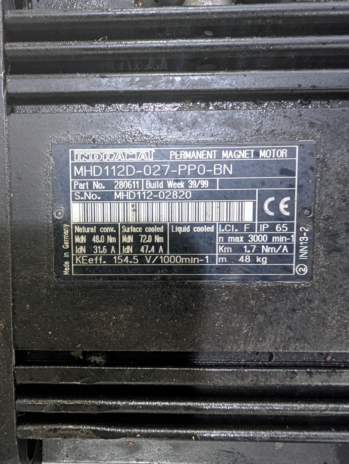 Indramat MHD112D-027-PP0-BN Servo Motor, Attached to unit LEM-RB112C1XX cooling