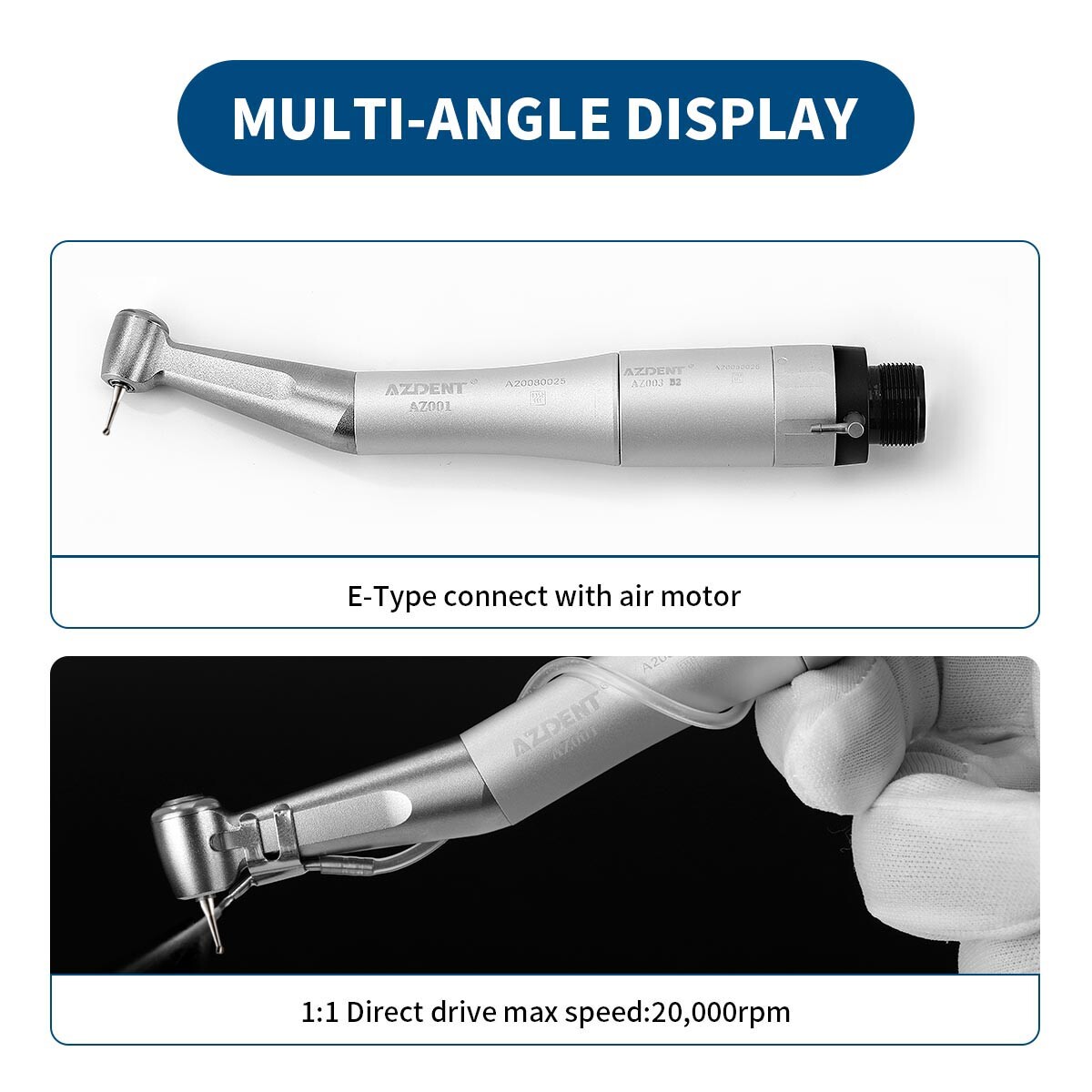 AZDENT Dental 1:1 Slow Low Speed Contra Angle Handpiece Push Button E-Type AZ001