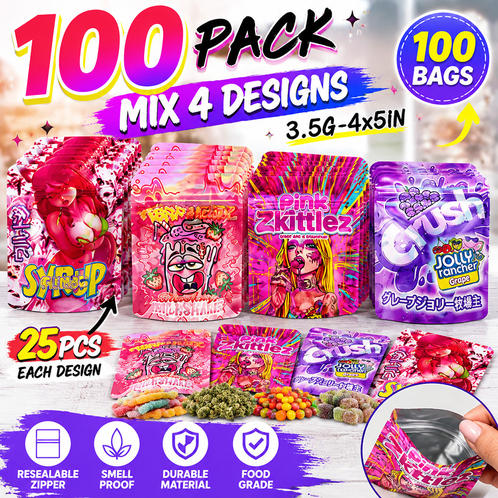 100 Pack 3.5g Mixed Stand Up Mylar Bags Resealable Smell Proof Candy Pouches