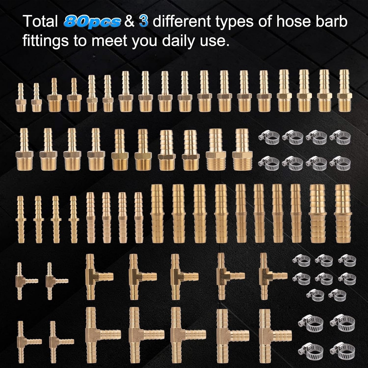 80pcs Brass Hose Barb Fittings Kit 1/8″-1/2″
