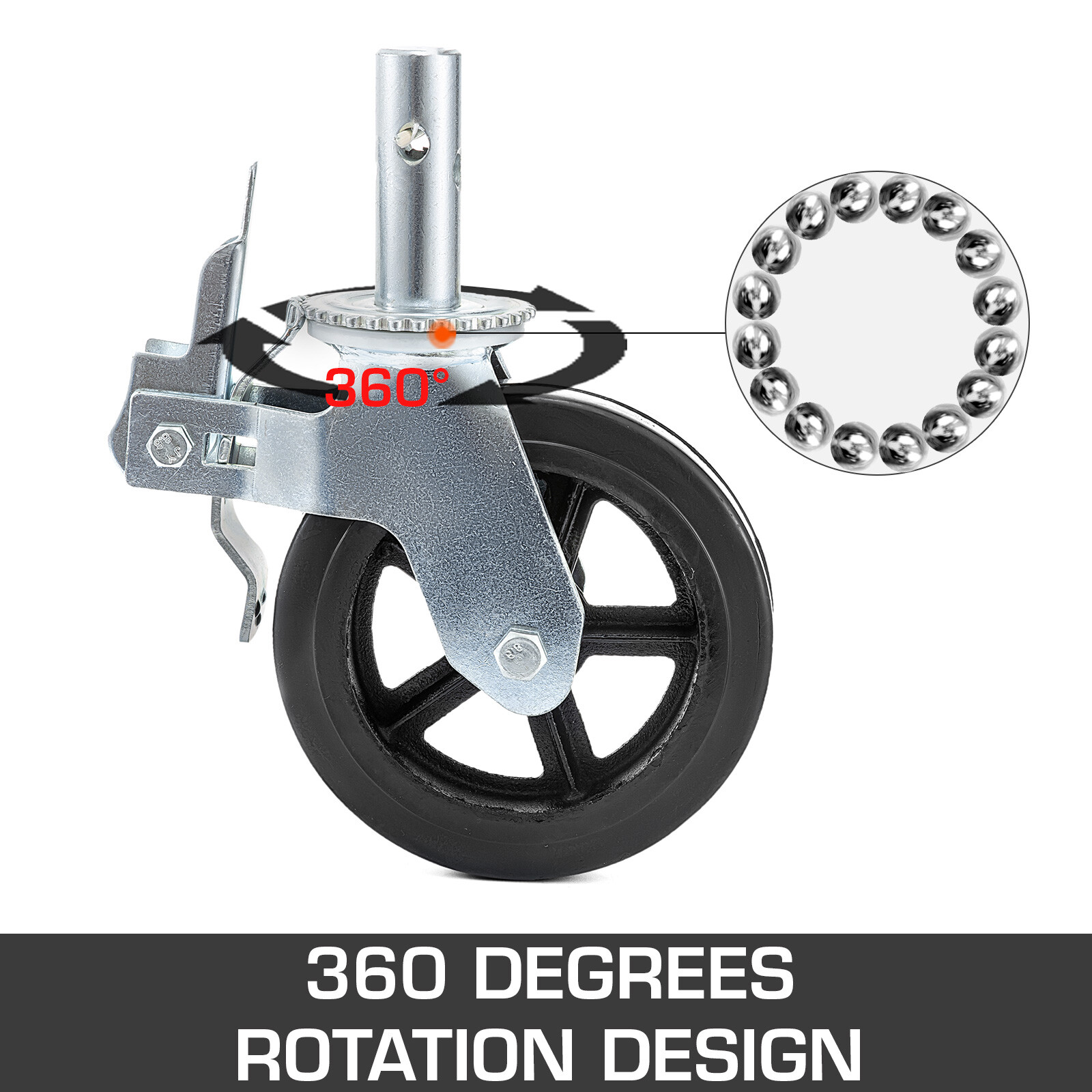 4PCS Scaffolding Caster 8″ x 2″ Black Wheels w/ Locking Brakes 1-3/8″ 4400LBS
