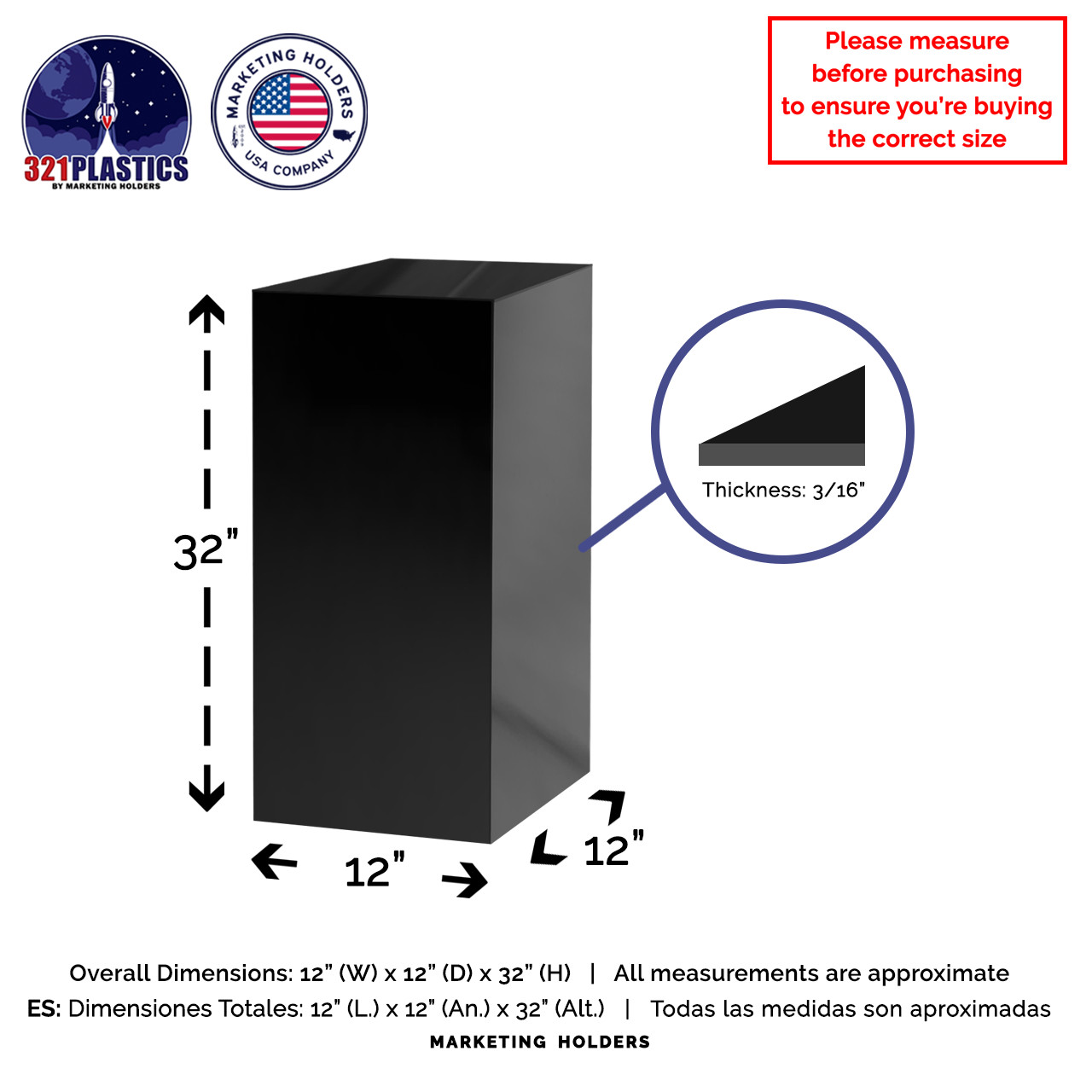 12″ x 12″ x 32″ Black Acrylic Lucite Display Cube Pedestal Art Sculpture Stand