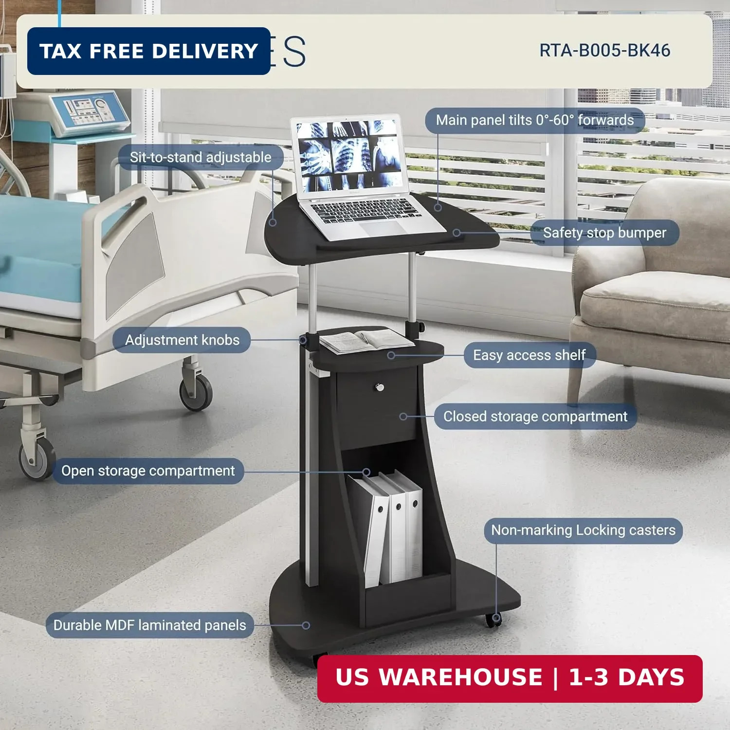 Techni Mobili Sit-to-Stand Mobile Medical Laptop Computer Cart, Black, Adjustabl