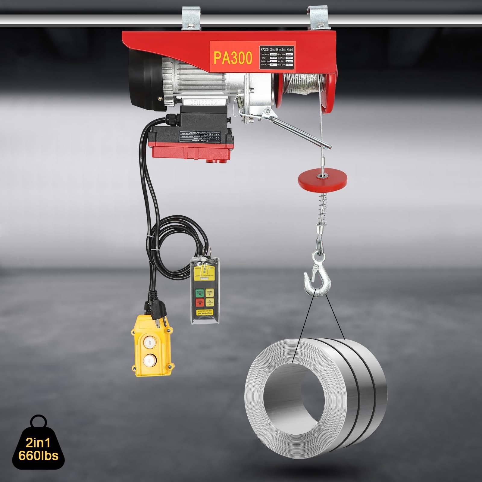 660LBS Electric Hoist with Wireless Controller and Slings 110V 650W 20-39 FT