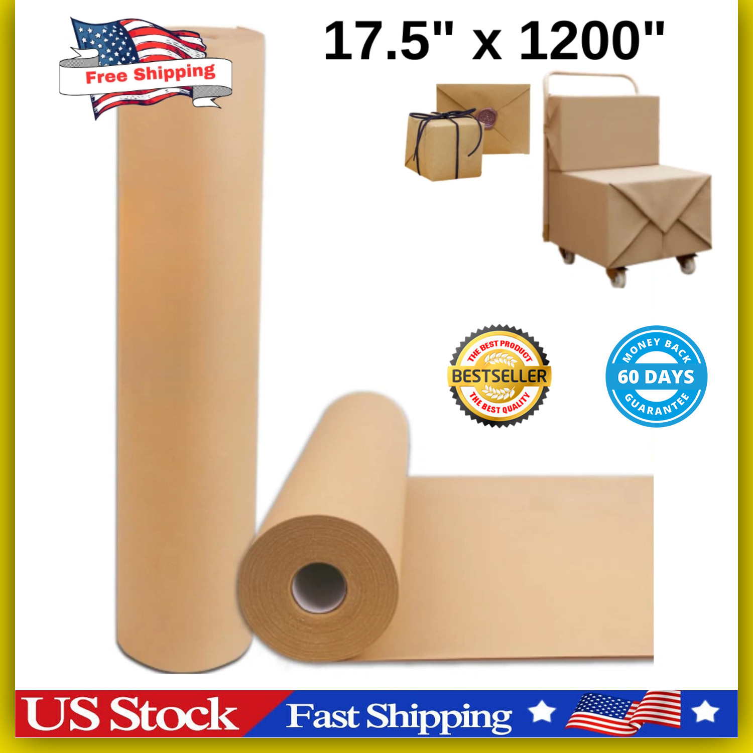 17.5″ x 1200” Brown Kraft Paper 50 lb Basis Thick Roll Packaging Shipping NEW**