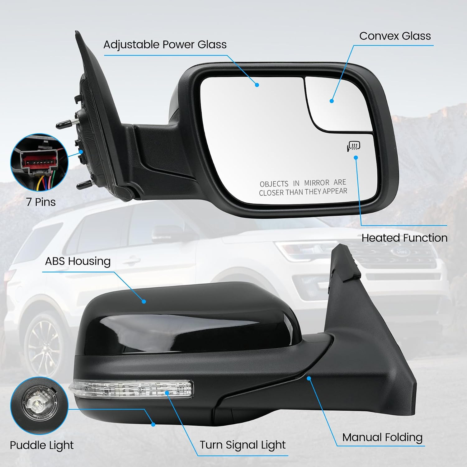 Passenger Right Side Door Mirror for Ford Explorer 2011-2019, with Heated Power