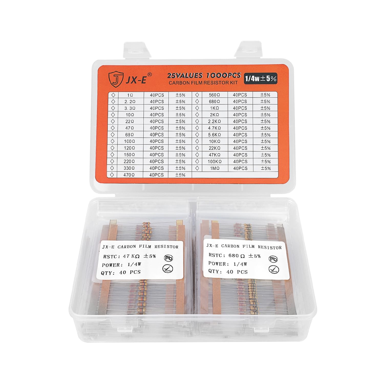 JX-E Resistors Assortment Kit, 1000 Pcs 25 Values 1 Ohm to 1M 1/4W…