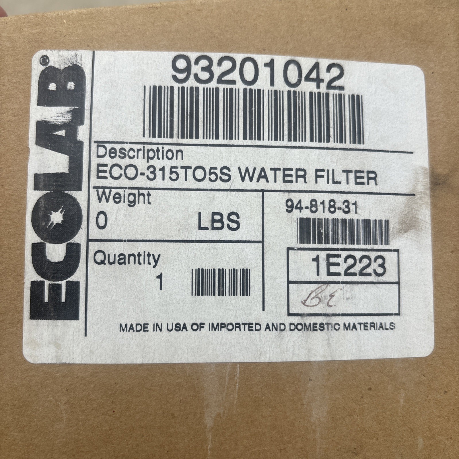 ECOLAB 9320-1042 FRESH20 MODULAR WATER FILTER CARTRIDGE ICE