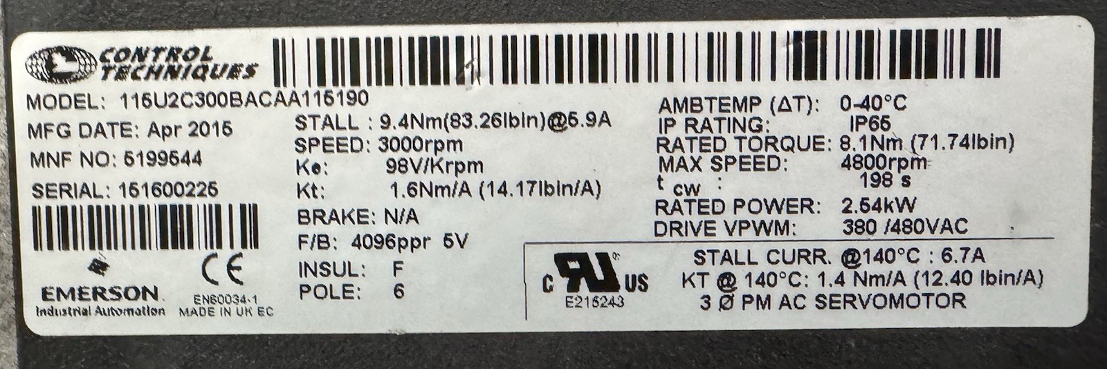 CONTROL TECHNIQUES 115U2C300BACAA115190 AC SERVO MOTOR Emerson