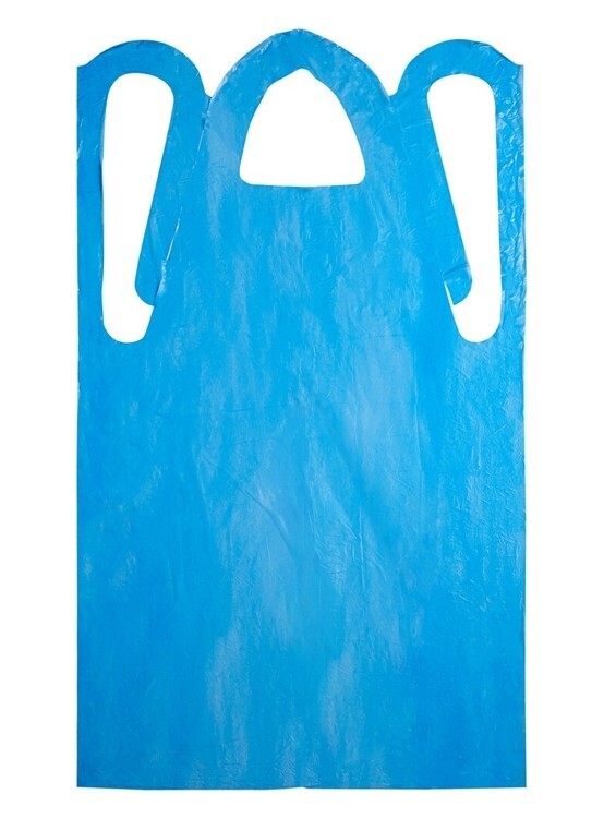 100-1000 Hvy Weight White or Blue Full Bib 46L x 28W Disposable Poly Apron 1mil
