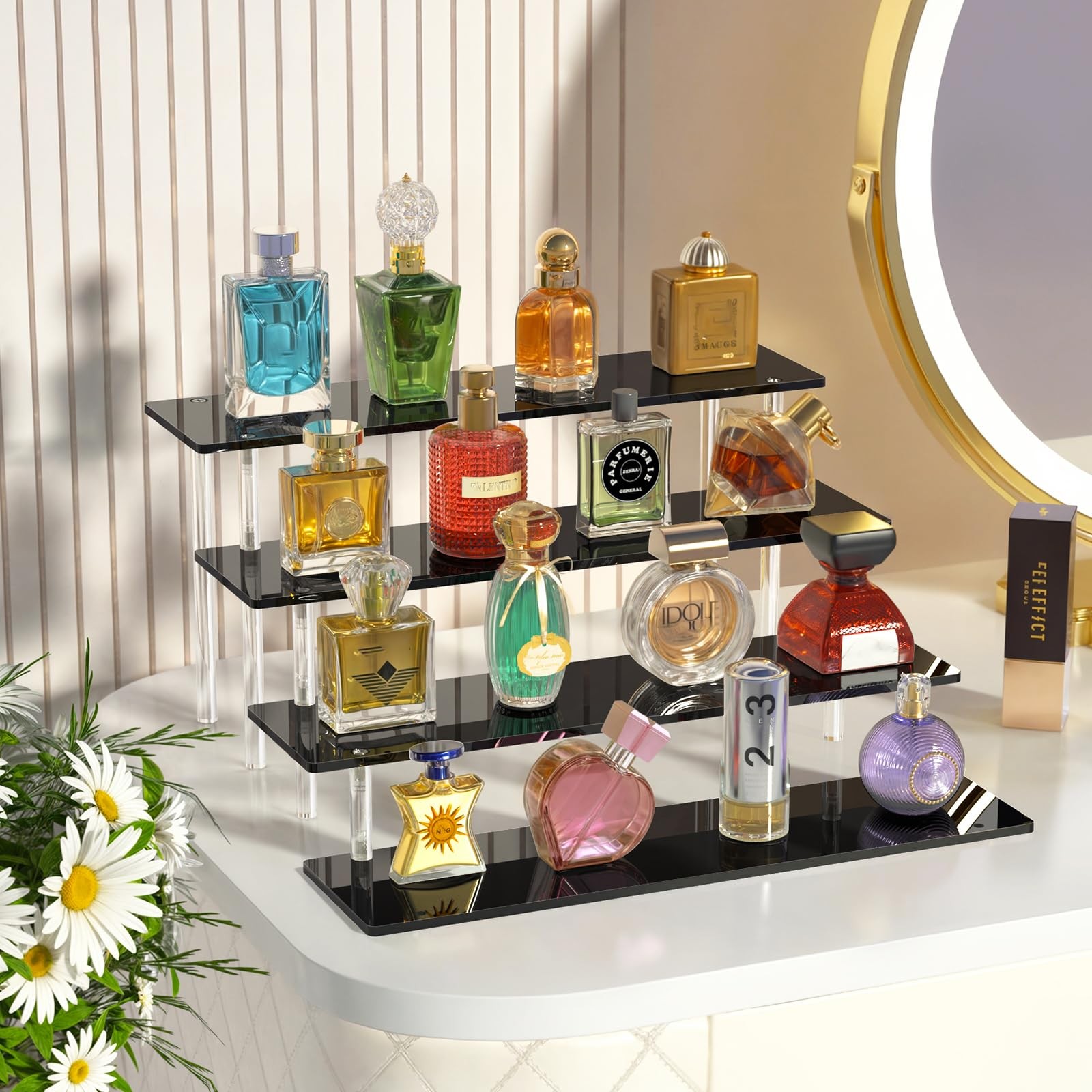 4 Tier Acrylic Display Risers, Black Perfume Organizer Stand, Large