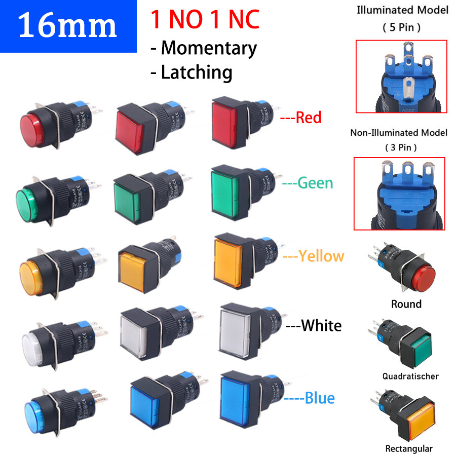 Round Rectangle Push Button Switch LED Light Momentary Latching 16mm 12/24/220V