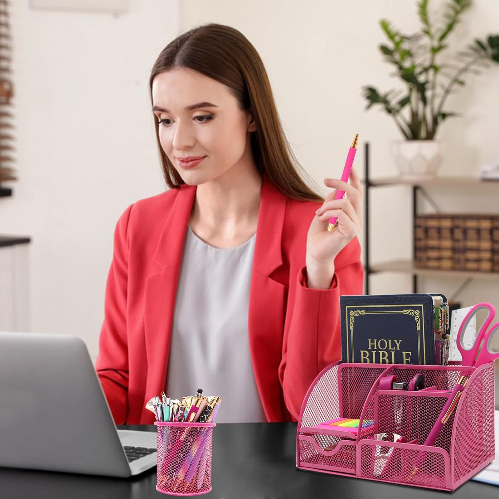 12 in 1 Desk Organizer Set Hot Pink Office Supplies for Women and Coworkers Gift