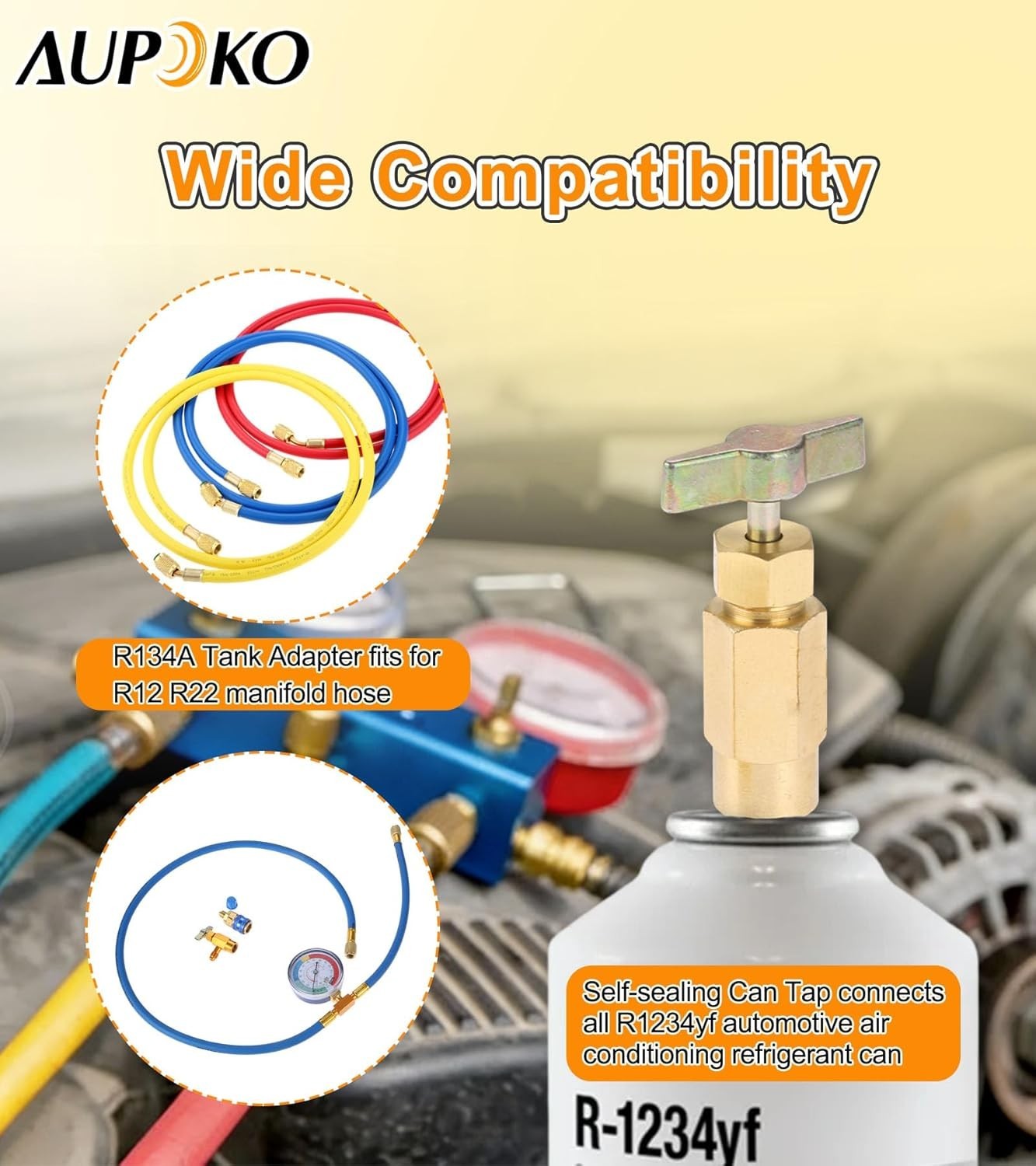 R1234YF Self-Sealing Can Tap with R134A Tank Adapter, 1/2’’ to 1/2 inches