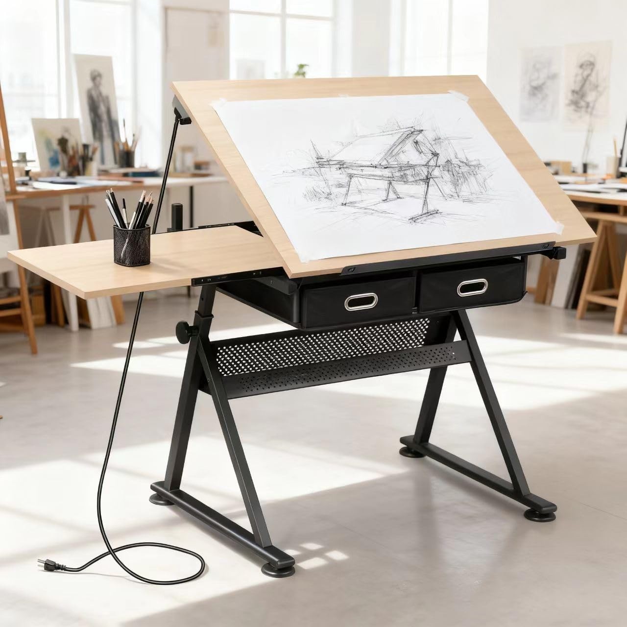 Adjustable Drafting Table with Stool Tilting Drawing Desk Storage Drawers