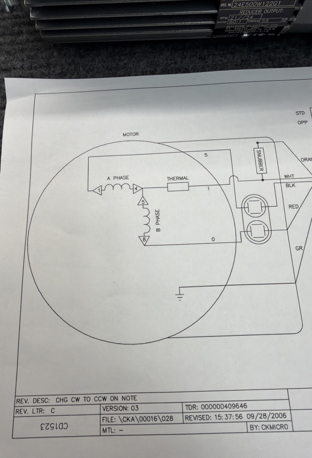 Baldor 2416c 21-24 RPM 110/120v .04hp Gear Motor cap=7mfd 60:1 TE B1006281235